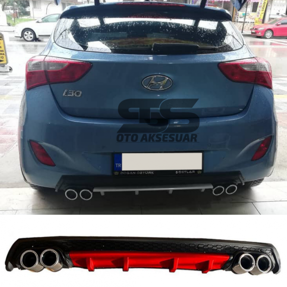 Hyundai i30 Difüzör Arka Tampon Eki 4 Egzoz Çıkışlı Kırmızı Lüx Tip