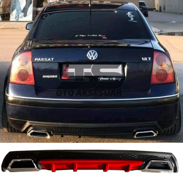 Volkswagen Passat B5 Difüzör Arka Tampon Eki 2 Egzoz Çıkışlı Kırmızı Lüx Tip