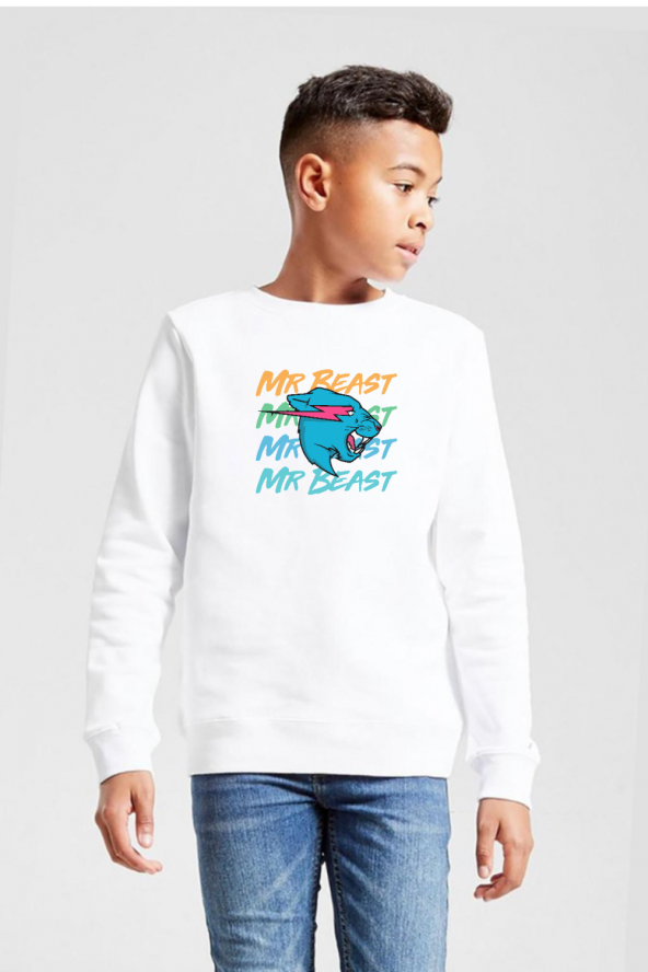 Mr Beast Lettern Beyaz Çocuk 2ip Sweatshirt