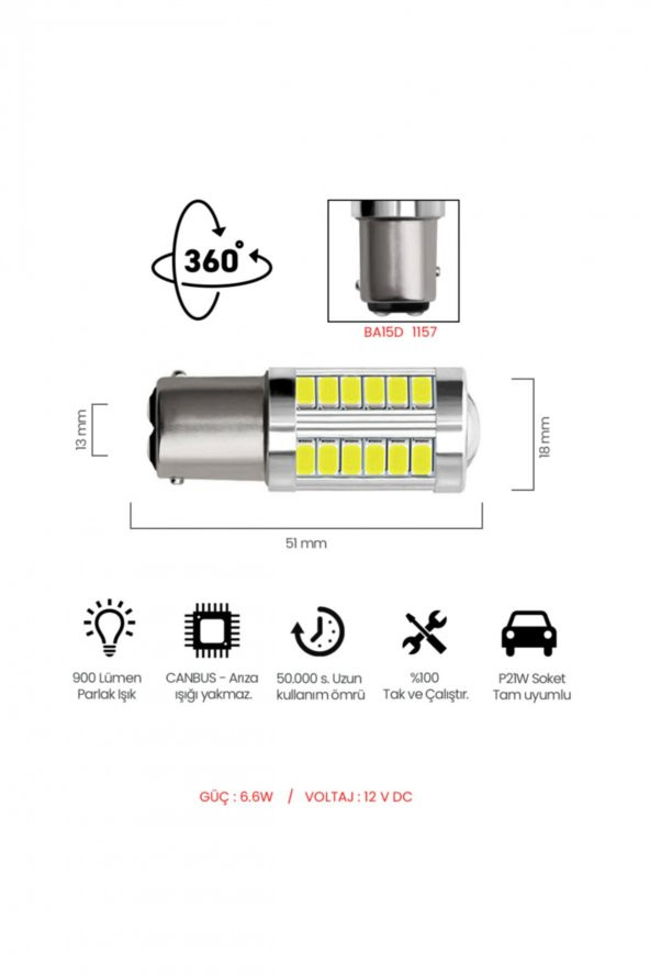 Stop Sinyal Geri Vites Ampulü Mercekli 33 Led P21w 1157 Ba15d 6500k Beyaz Güçlü Işık - 2