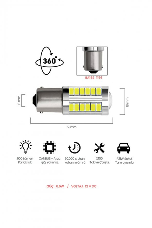 Stop Sinyal Geri Vites Ampulü Mercekli 33 Led P21w 1156 Ba15s 6500k Beyaz Güçlü Işık - 3