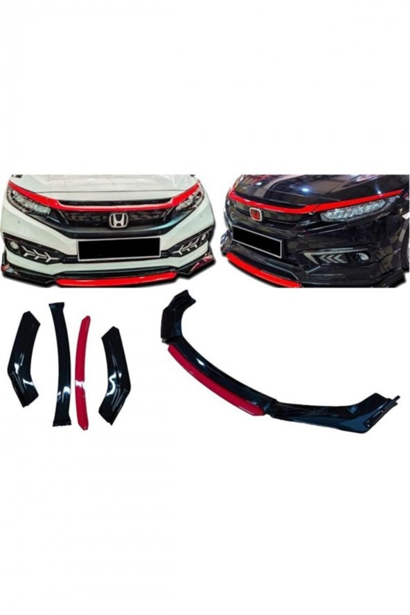 Peugeot 206 Uygun Universal Flaplı 4 Parça Lip Piano Black Kırmızı Dilli - 1