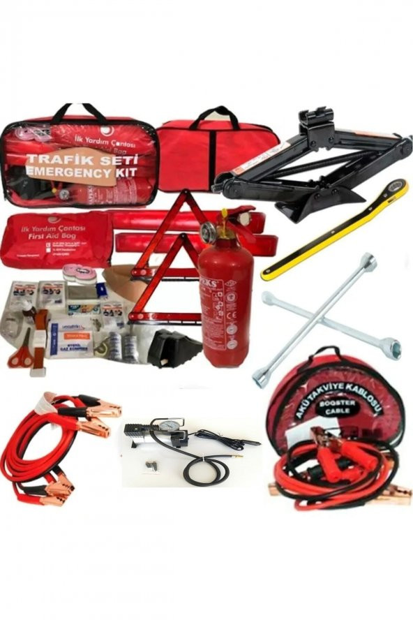 Beşli Araç Seti Trafik Seti Akü Takviye Kablosu  Kriko Bijon Anahtarı  Metal Hava Kompresörü ürün görseli 1
