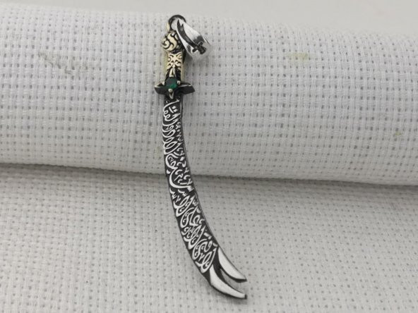 La Feta İlla Ali La Seyfe İlla Zülfikar Yazılı Yeşil Taşlı 925 Ayar Gümüş Kolye Ucu - Resim 2