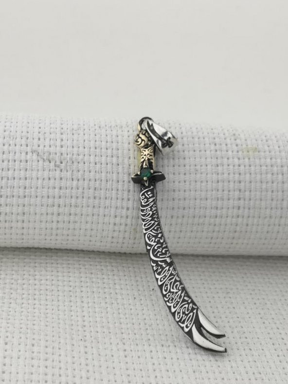 La Feta İlla Ali La Seyfe İlla Zülfikar Yazılı Yeşil Taşlı 925 Ayar Gümüş Kolye Ucu - Resim 3