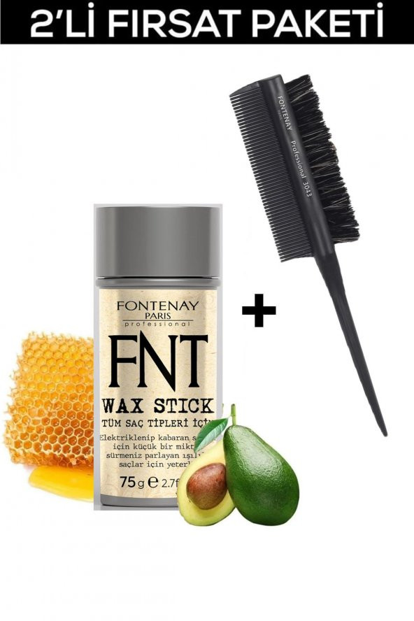 Fontenay Hair Wax Stick 75gr + Profesyonel Topuz Fırçası 3033 +Topuz Krepe Şiş Tarak 3043 3Lü Set