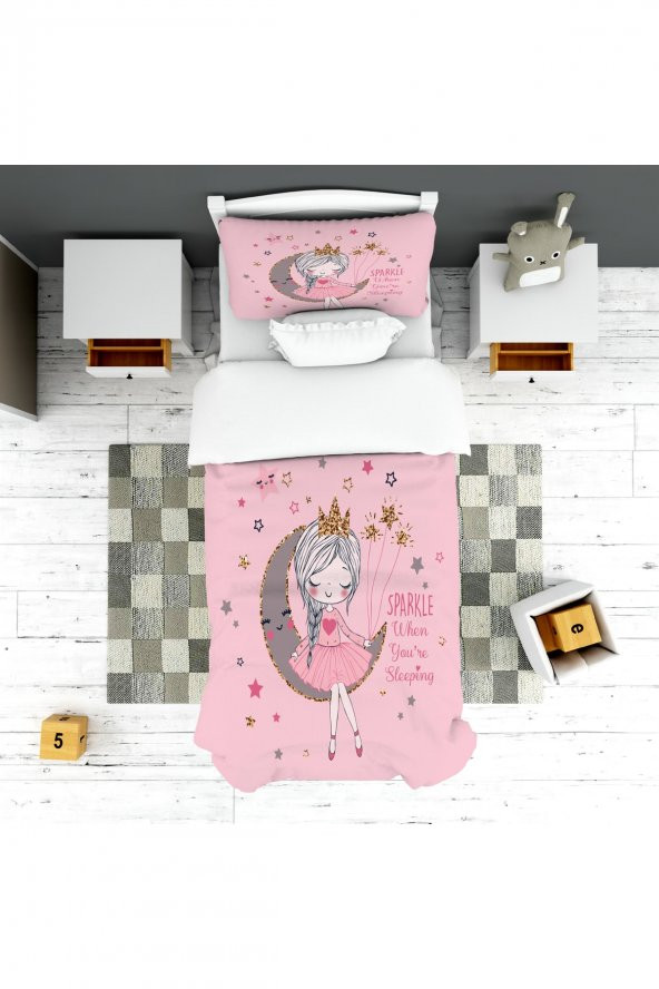 Pembe Ayda Kız Yatak Örtüsü Ve Yastık Kılıfı