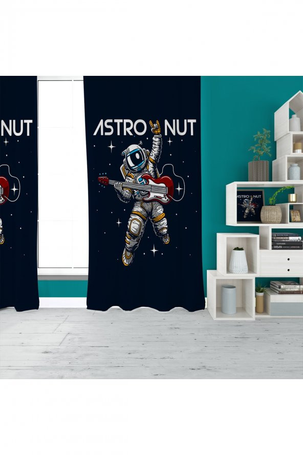 Dijital Baskı Rock Astronot Çocuk Odası Tek Kanat Fon Perde