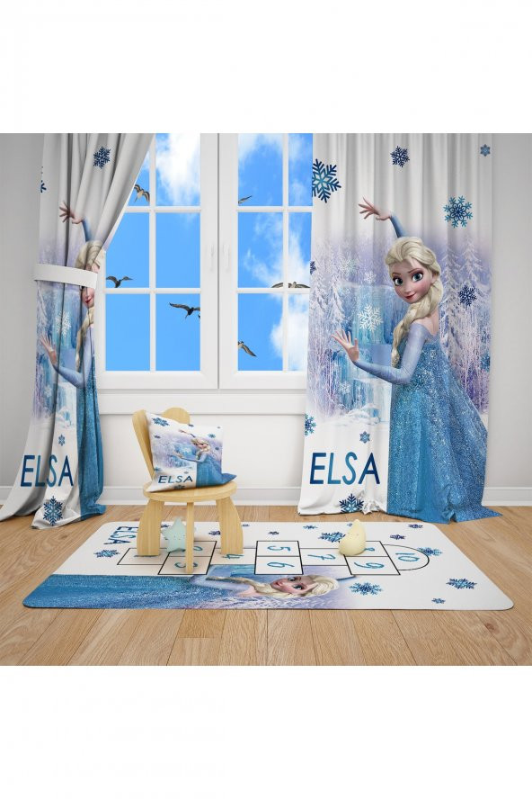 Dijital Baskı Elsa Çocuk Odası Takım fon Perde Yatak Örtüsü ve Yastık  Halı 160x230 - 2
