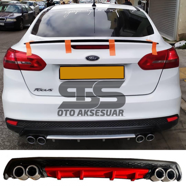 Ford Focus 3 Difüzör Arka Tampon Eki 4 Egzoz Çıkışlı Kırmızı Lüx Tip ürün görseli 1