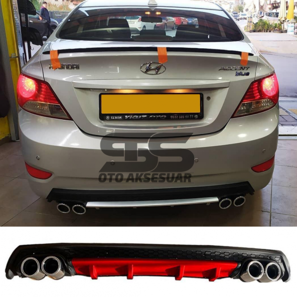Hyundai Accent Blue Difüzör Arka Tampon Eki 4 Egzoz Çıkışlı Kırmızı Lüx Tip
