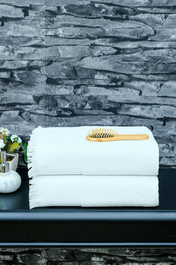 2li 70x140 Beyaz Saçaklı Pike bordürlü Banyo Havlusu