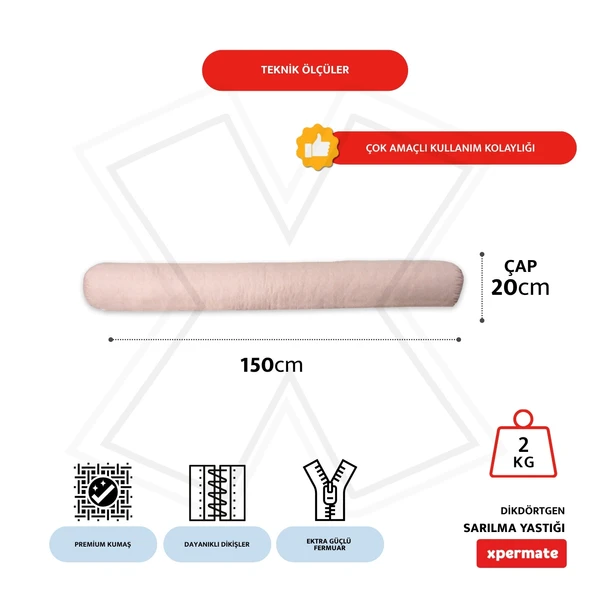 XPERMATE Sarılma Yastığı , Uyku Yastığı , Bacak Arası Yastığı Silindir 150x20 Pembe - Resim 2
