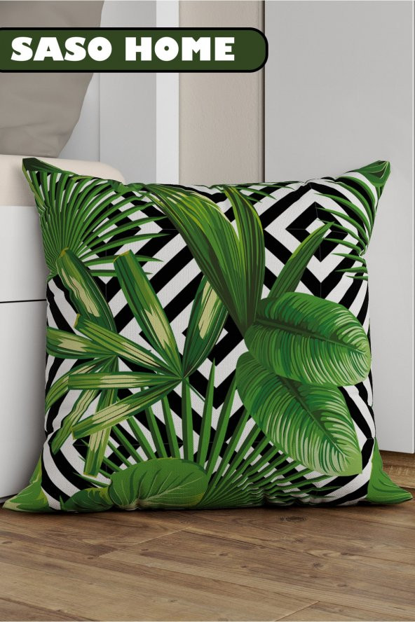 Tropikal Palmiye Yaprak Desenli Dekoratif Hediyelik Kırlent - Yastık Kılıfı