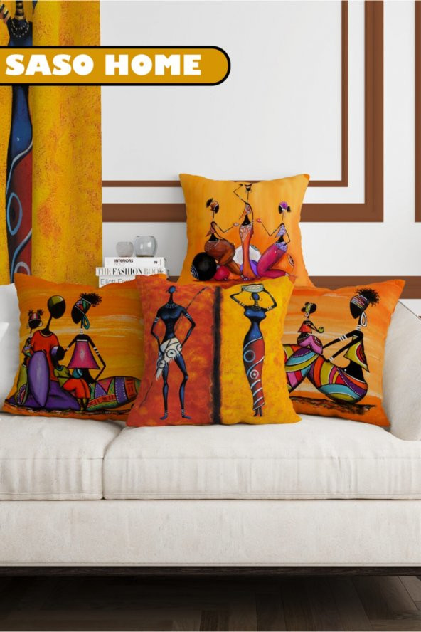 Afrika Etnik Figürlü Modern Tasarım 4 Lü Dekoratif Kırlent Kılıfı ( Ultra Kaliteli Kadife Kumaş )