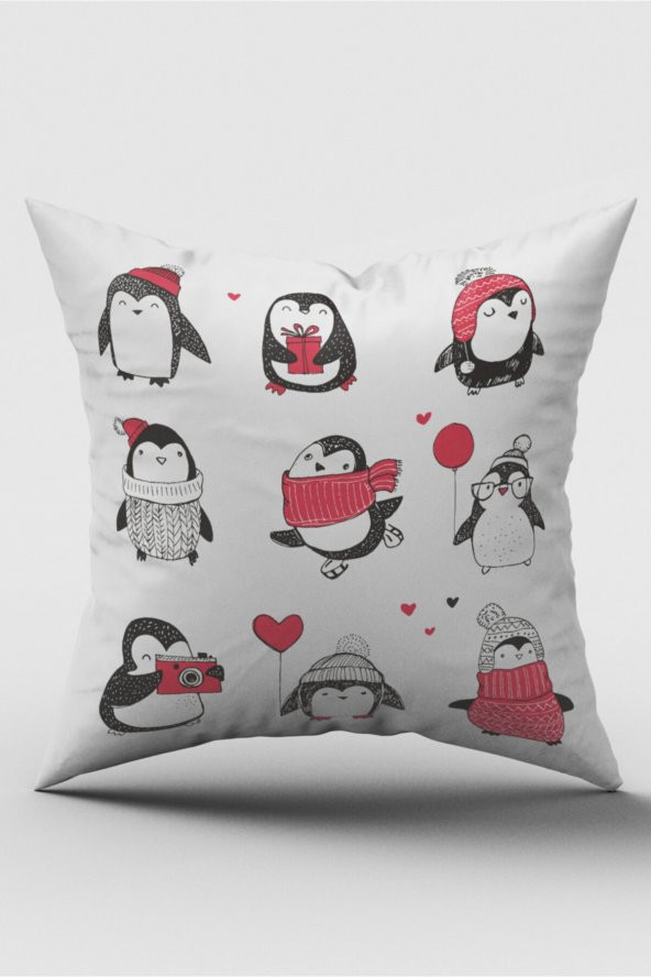 Meraklı Penguenler Desenli Dijital Baskılı Kırlent Kılıfı