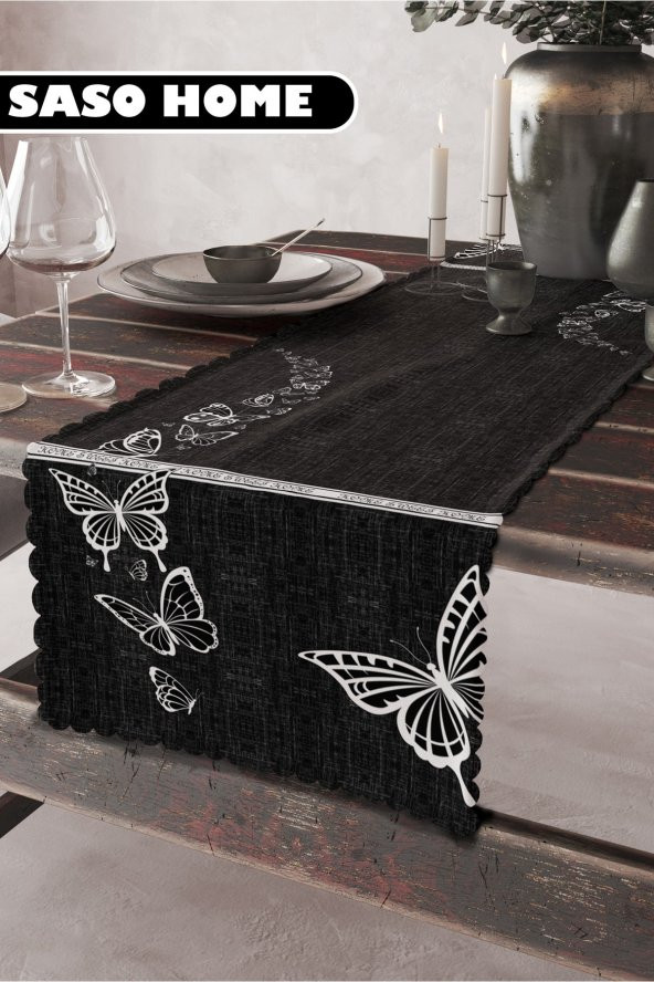 Butterfly Dream Black Kelebek Desenli Kaliteli Kadife Kumaş 45x140 Cm Dekoratif - Hediyelik Runner