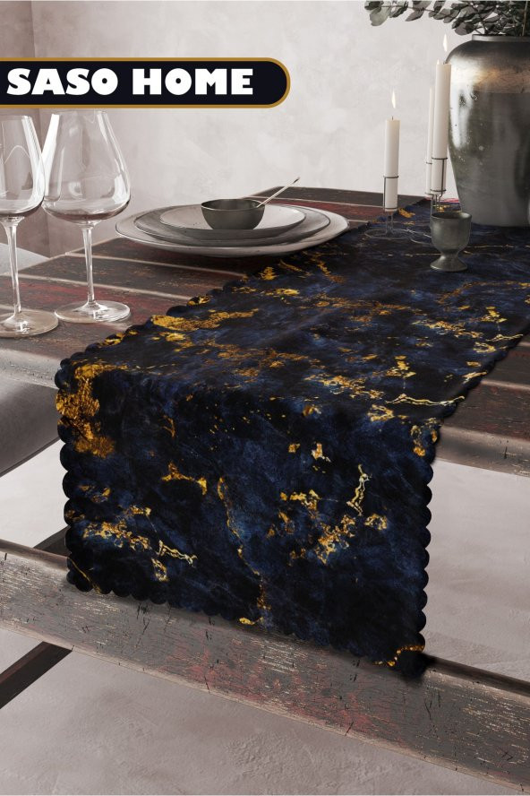 Lacivert - Gri Sodalite Marble Desenli Kaliteli Kadife Kumaş 45x140 Cm Dekoratif - Hediyelik Runner