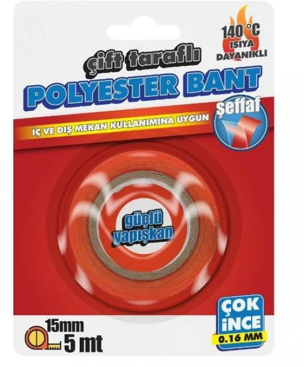 Çift Taraflı Polyester Bant 140 Derece Isıya Dayanıklı 15mmX5mt-0,16mm İncelik - 2