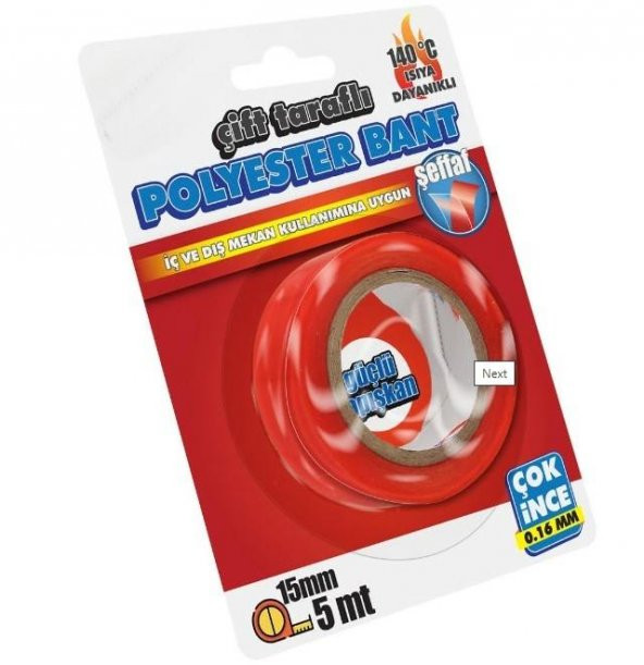 Çift Taraflı Polyester Bant 140 Derece Isıya Dayanıklı 15mmX5mt-0,16mm İncelik - 3