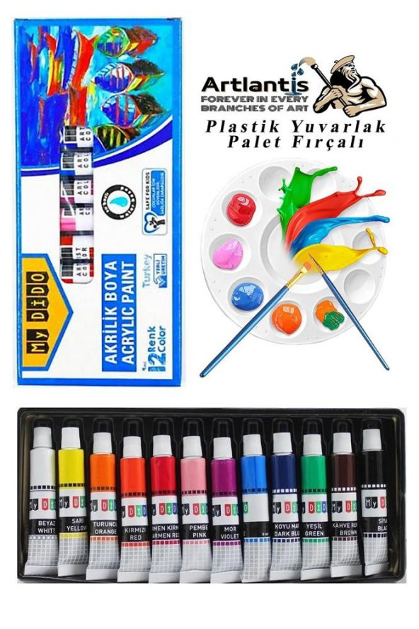 Akrilik Boya Mydido 12 Renk 9 ml Tüp 1 Paket 12 Li Akrilik Boya Seti ve Yuvarlak Resim Paleti Fırçalı 1 Paket 10 Hazneli Boya Paleti Sanatsal Boyalar İçin Palet Akrilik Boya ürün görseli