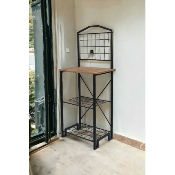 DEKORATİF METAL KAHVE KÖŞESİ ÇOK AMAÇLI DOLAP ÇAM AHŞAP TABLALI DAR MUTFAK BANGOSU BAR MASA - 3