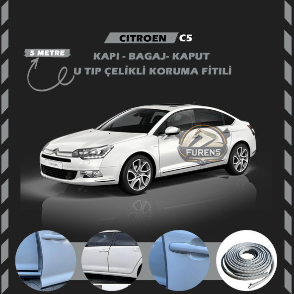 Citroen C5 Oto Araç Kapı Koruma Fitili 5metre Parlak Gri Renk