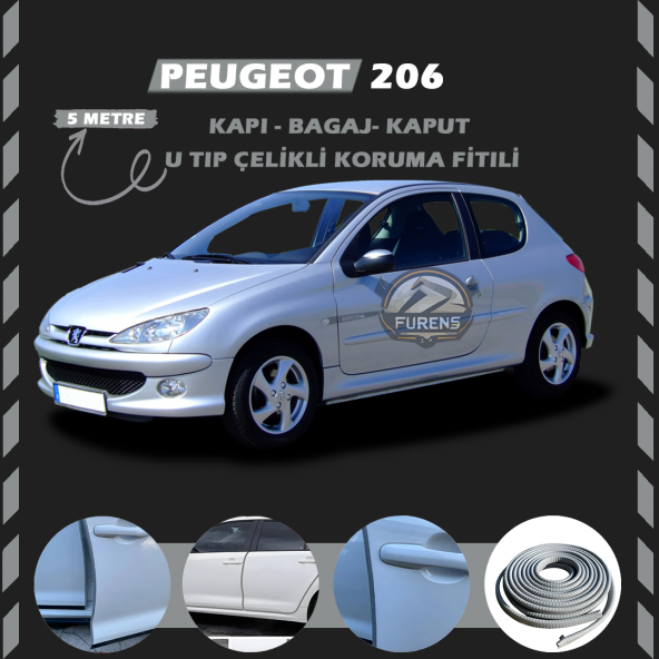 Peugeot 206 Oto Araç Kapı Koruma Fitili 5metre Parlak Gri Renk