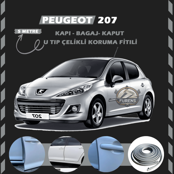Peugeot 207 Oto Araç Kapı Koruma Fitili 5metre Parlak Gri Renk