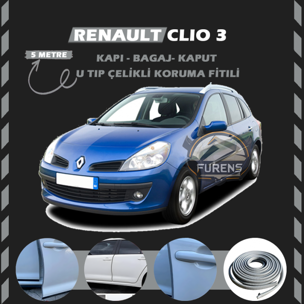 Renault Clio 3 Oto Araç Kapı Koruma Fitili 5metre Parlak Gri Renk