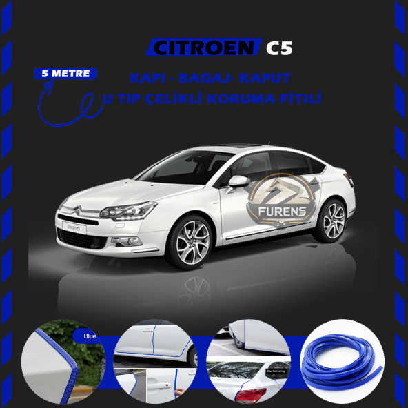 Citroen C5 Oto Araç Kapı Koruma Fitili 5metre Parlak Mavi Renk