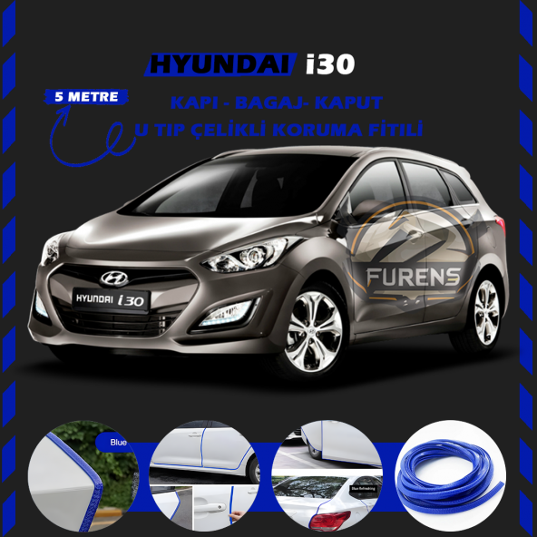 Hyundai İ30 Oto Araç Kapı Koruma Fitili 5metre Parlak Mavi Renk