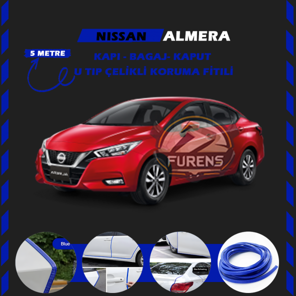 Nissan Almera Oto Araç Kapı Koruma Fitili 5metre Parlak Mavi Renk
