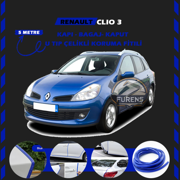 Renault Clio 3 Oto Araç Kapı Koruma Fitili 5metre Parlak Mavi Renk
