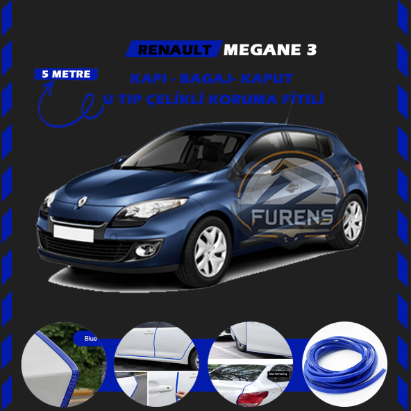Renault Megane 3 Oto Araç Kapı Koruma Fitili 5metre Parlak Mavi Renk ürün görseli 1