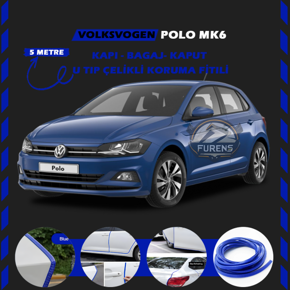 Volksvogen Polo MK6 Oto Araç Kapı Koruma Fitili 5metre Parlak Mavi Renk ürün görseli 1