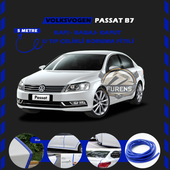 Volksvogen Passat B7 Oto Araç Kapı Koruma Fitili 5metre Parlak Mavi Renk