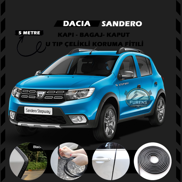 Dacia Sandero Oto Araç Kapı Koruma Fitili 5metre Parlak Siyah Renk