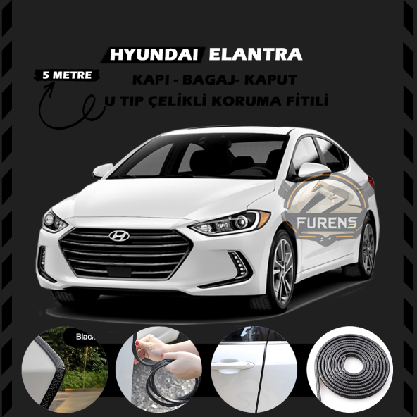 Hyundai Elantra Oto Araç Kapı Koruma Fitili 5metre Parlak Siyah Renk