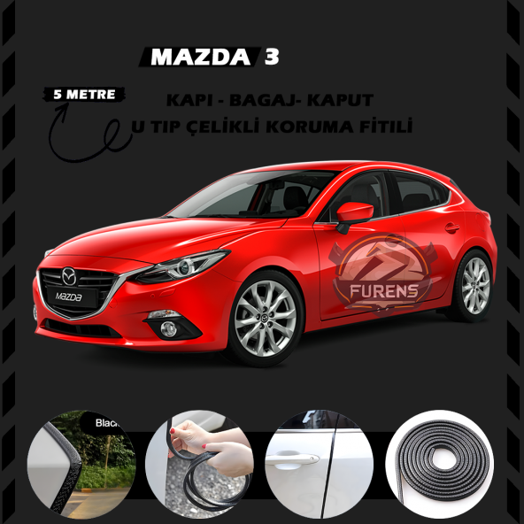 Mazda 3 Oto Araç Kapı Koruma Fitili 5metre Parlak Siyah Renk ürün görseli 1
