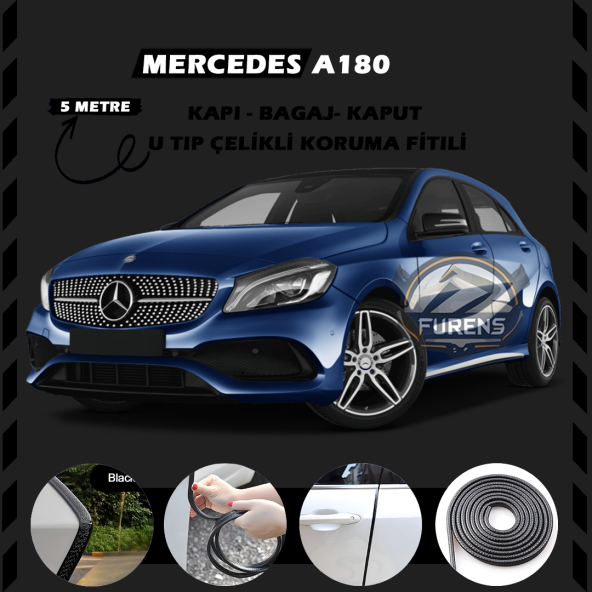 Mercedes A180 Oto Araç Kapı Koruma Fitili 5metre Parlak Siyah Renk