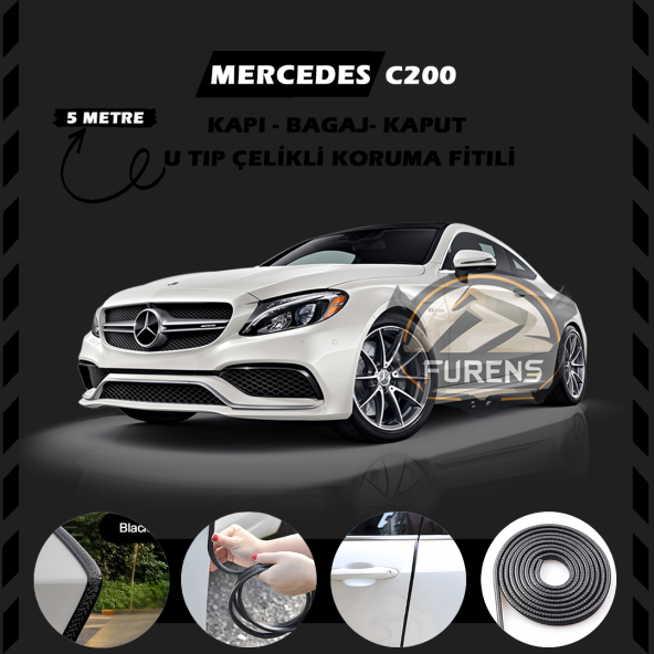 Mercedes C200 Oto Araç Kapı Koruma Fitili 5metre Parlak Siyah Renk