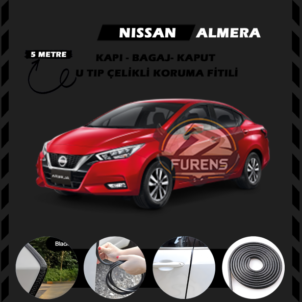 Nissan Almera Oto Araç Kapı Koruma Fitili 5metre Parlak Siyah Renk ürün görseli 1