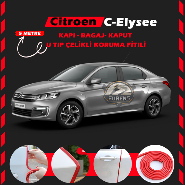 Citroen C-Elysee Oto Araç Kapı Koruma Fitili 5metre Parlak Kırmızı Renk