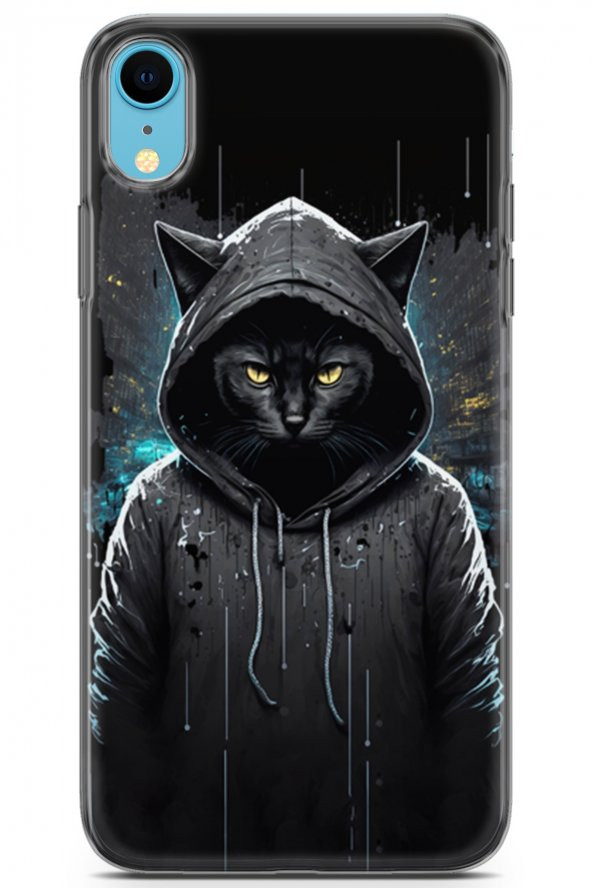 Apple iPhone XR Uyumlu Kılıf Milano 11 Kapüşonlu Kedi 4K Baskılı Kılıf Siyah