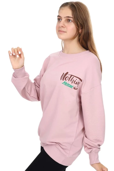 Kız Çocuk Çift Taraf Nothing Yazı Desenli Oversize Pudra Sweatshirt