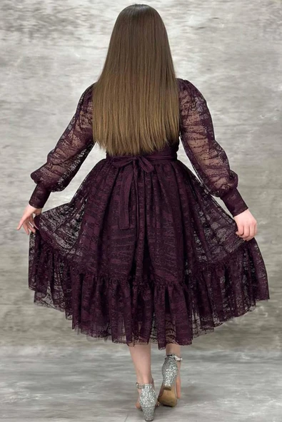 Kız Çocuk Kolları Transparan Yakası İnci Boncuklu Etek Ucu Fırfırlı Mürdüm Abiye - Resim 4