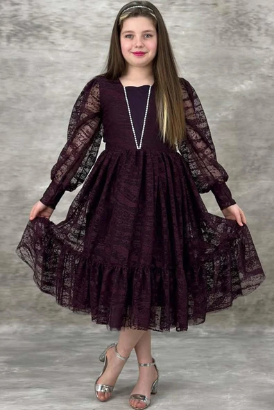 Kız Çocuk Kolları Transparan Yakası İnci Boncuklu Etek Ucu Fırfırlı Mürdüm Abiye ürün görseli