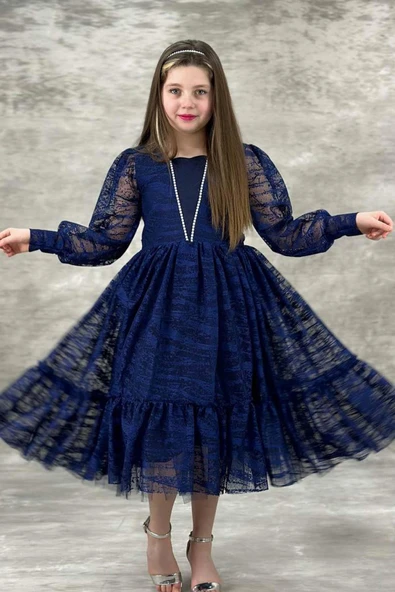 Kız Çocuk Kolları Transparan Yakası İnci Boncuklu Etek Ucu Fırfırlı Lacivert Abiye - Resim 4
