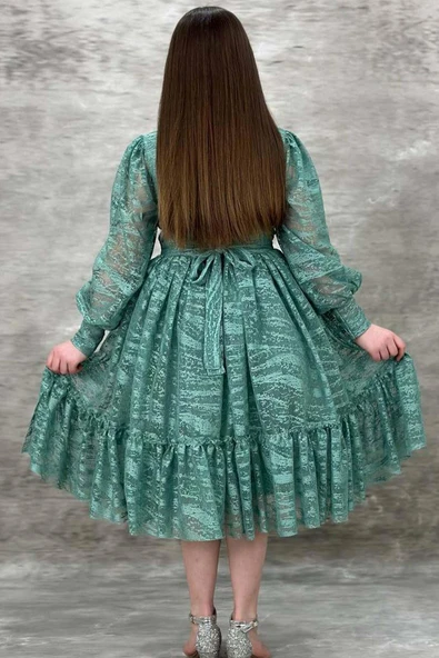 Kız Çocuk Kolları Transparan Yakası İnci Boncuklu Etek Ucu Fırfırlı Yeşil Abiye - Resim 4